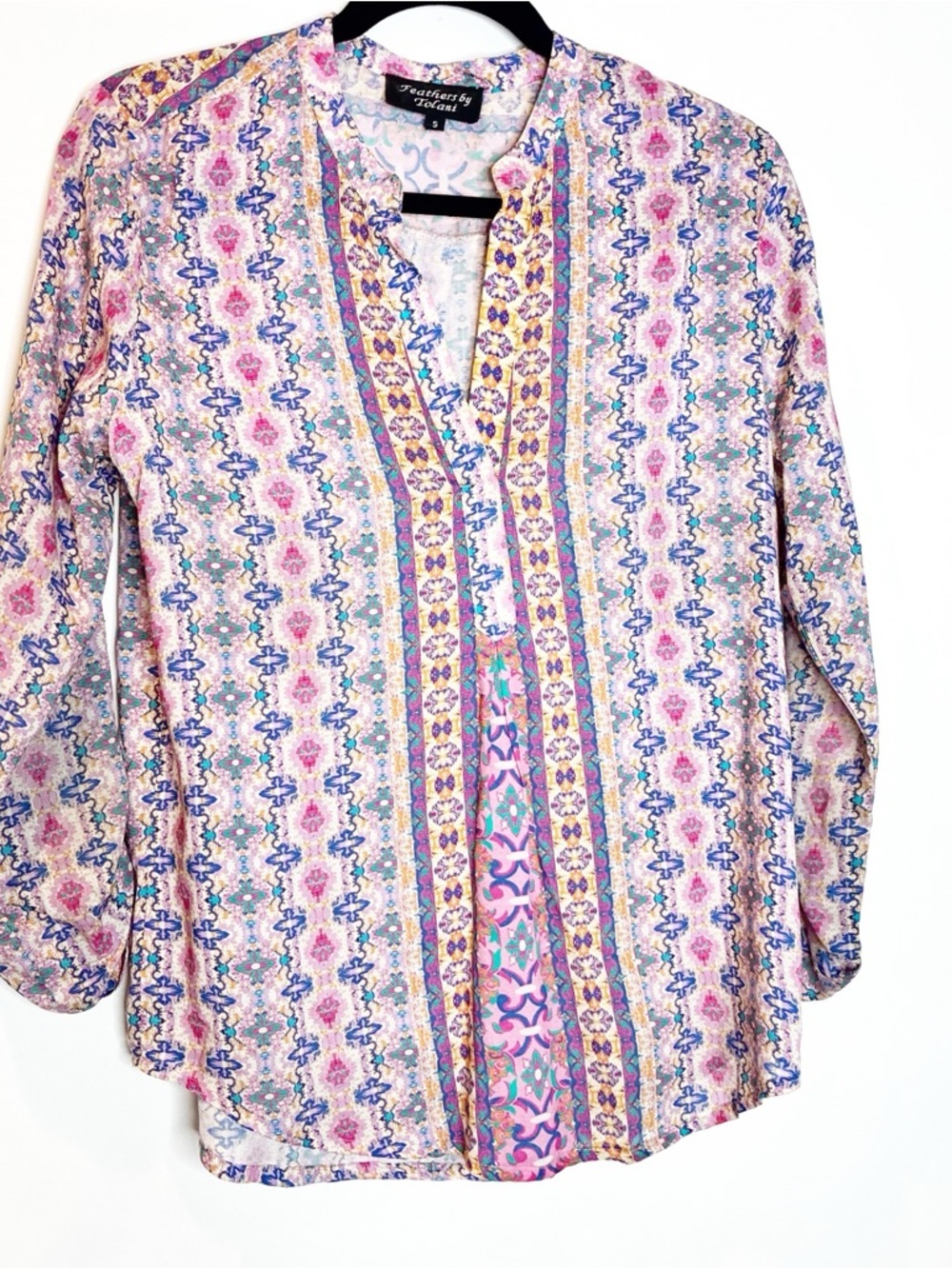 Tolani | Feathers By Tolani Roll Tab Sleeve Split Neck Boho Silk Blouse